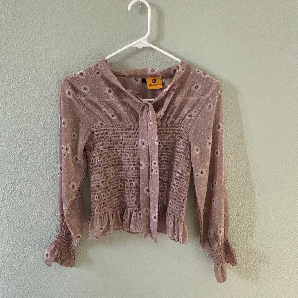 Floral Mauve Smocked Blouse with Front Tie